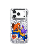 Blue Bridge Span pattern showing two animal builders securing the final yellow board on an iPhone 17 Pro case