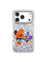 First Plank pattern with an orange beaver and violet duck building a cobalt bridge with mustard boards on an iPhone 17 Pro case