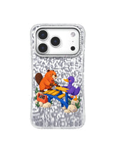 Hands at Center pattern with a beaver and duck meeting over their completed cobalt bridge on an iPhone 17 Pro case