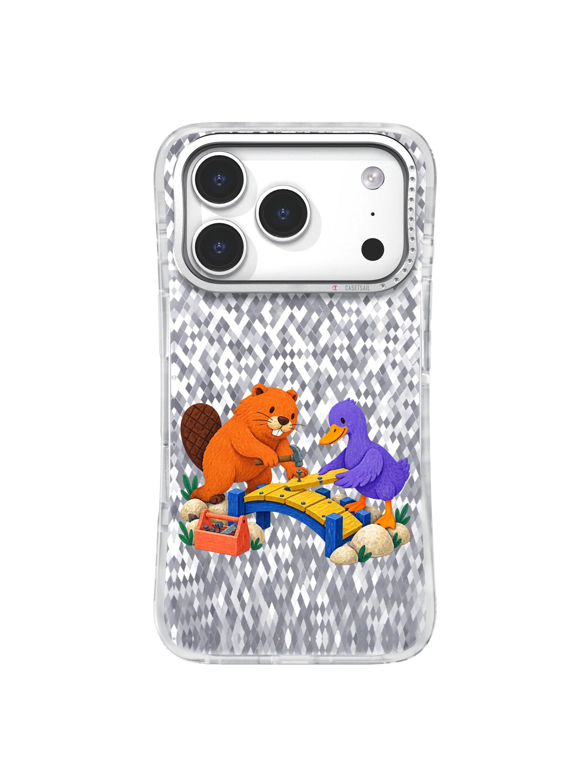 Shared Toolbox pattern with a coral toolbox, orange beaver, violet duck, and mustard bridge planks on an iPhone 17 Pro case
