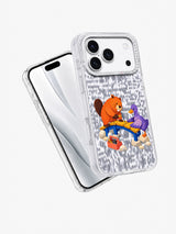 Angled view of a transparent iPhone 17 Pro case featuring The Bridge We Built illustration