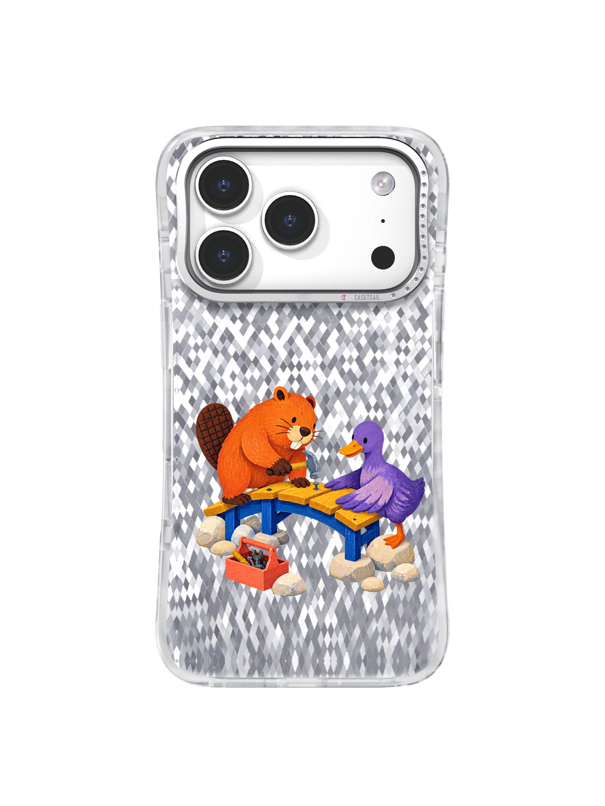 Front view of a transparent iPhone 17 Pro case printed with The Bridge We Built beaver and duck artwork