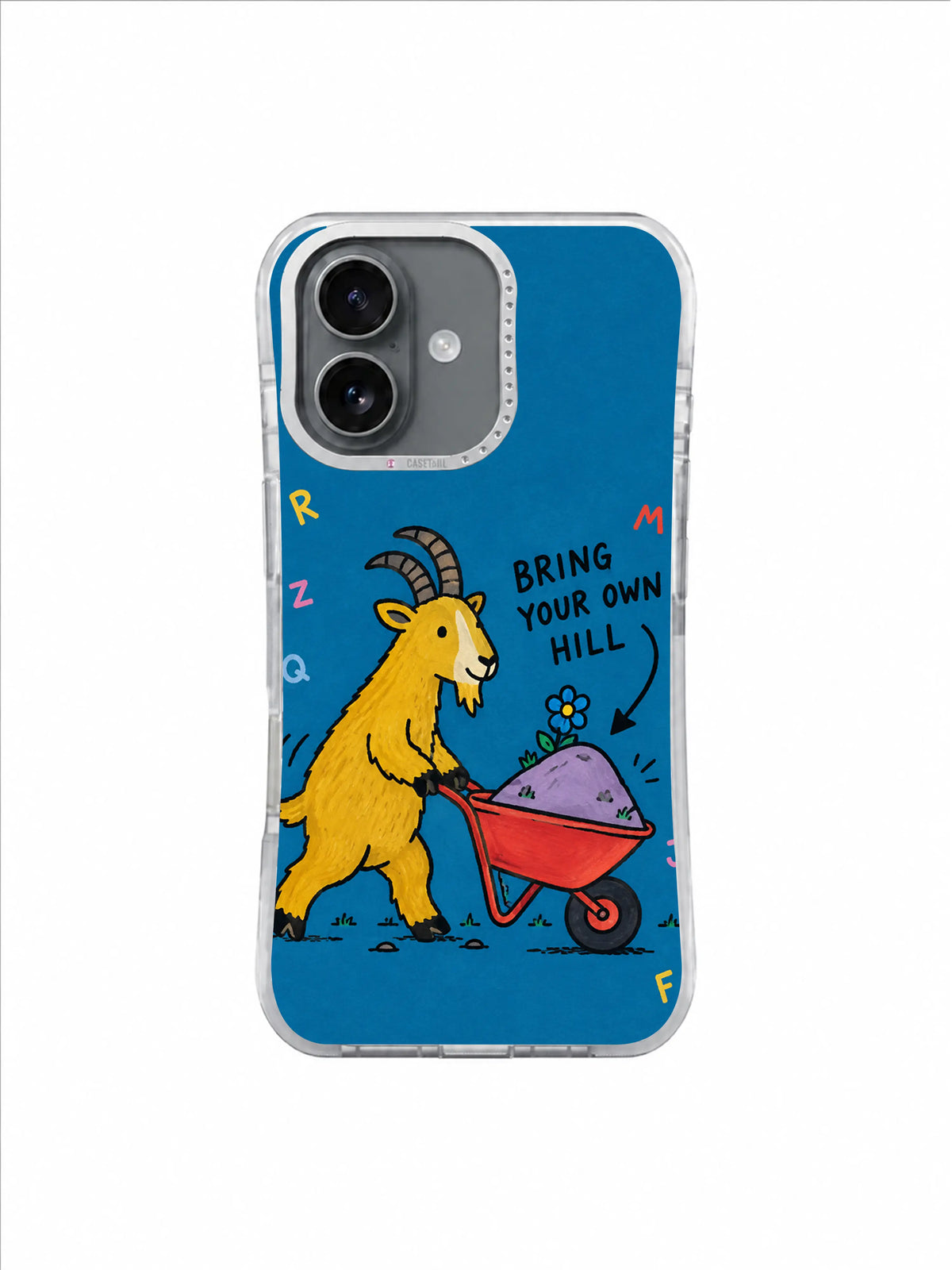 Mustard goat and red wheelbarrow with a tiny purple hill and blue flower on teal blue