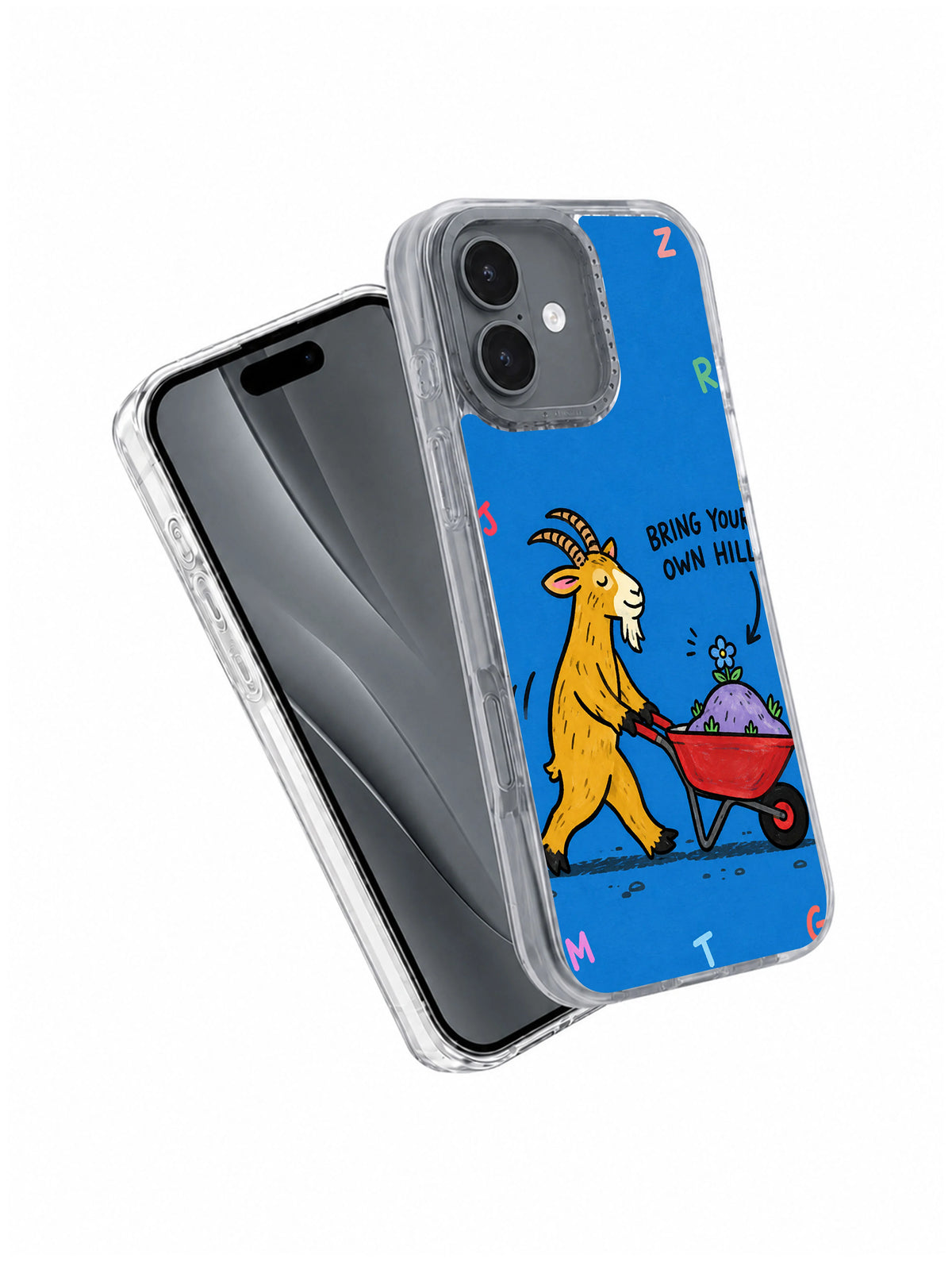 Angled product view of Bring Your Own Hill artwork on an iPhone 16 case