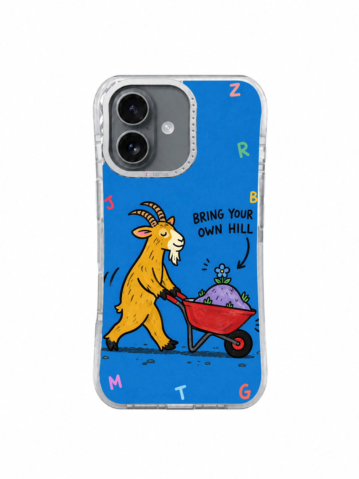 Front product view of Bring Your Own Hill artwork on an iPhone 16 case
