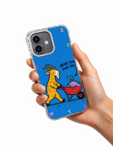 Hand holding an iPhone 16 case with mustard goat and wheeled hill artwork