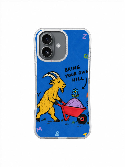 Mustard mountain goat pushing a red wheelbarrow with a lavender hill on a blue iPhone case