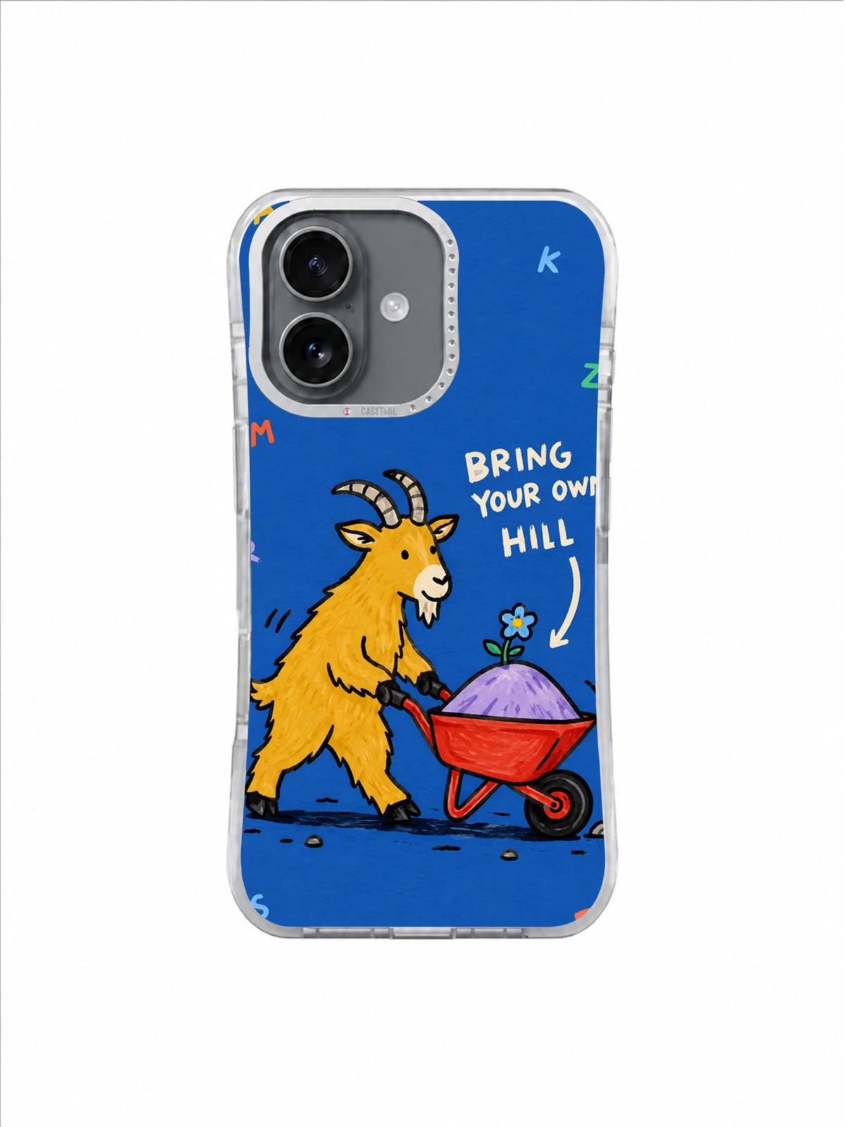 Mustard mountain goat transporting a tiny lavender hill beneath scattered letters