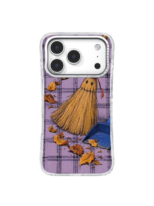 Golden broom and blue dustpan on lilac plaid iPhone 17 Pro case pattern one