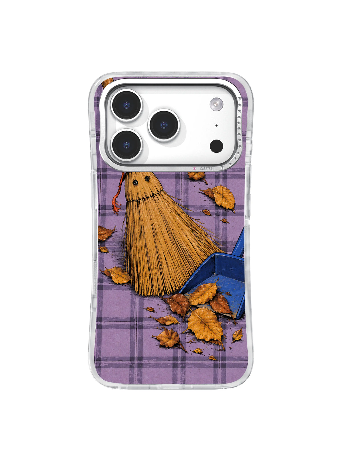 Broom pausing beside scattered autumn leaves iPhone 17 Pro case pattern two