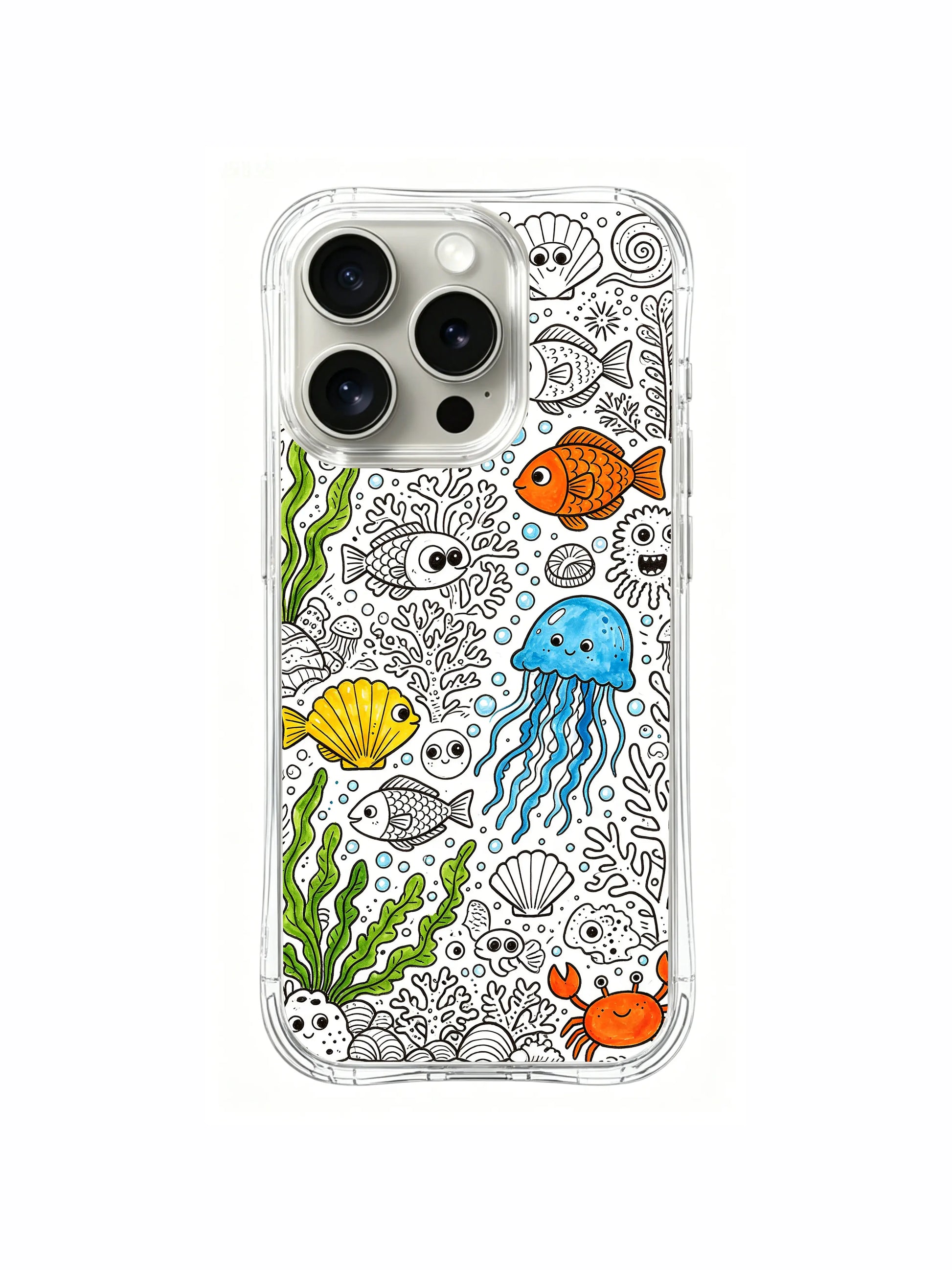 Tiny bubble detailed underwater resident doodle iPhone 15 pro Case, lightweight shockproof phone casing, popular trending cartoon phone cover from PhoneCasing.