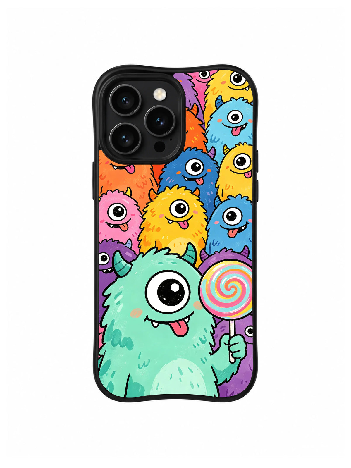Lollipop Cyclops Party: Büyük nane yeşili tepegöz renkli canavar kalabalığının önünde sarmal lolipop tutar.