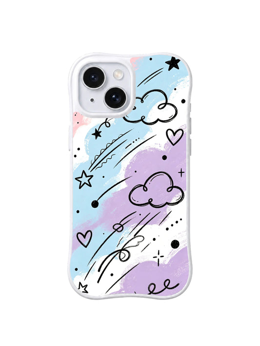 Shooting Star Daydream: Black shooting-star lines, clouds and hearts cross pastel blue, pink and lavender.
