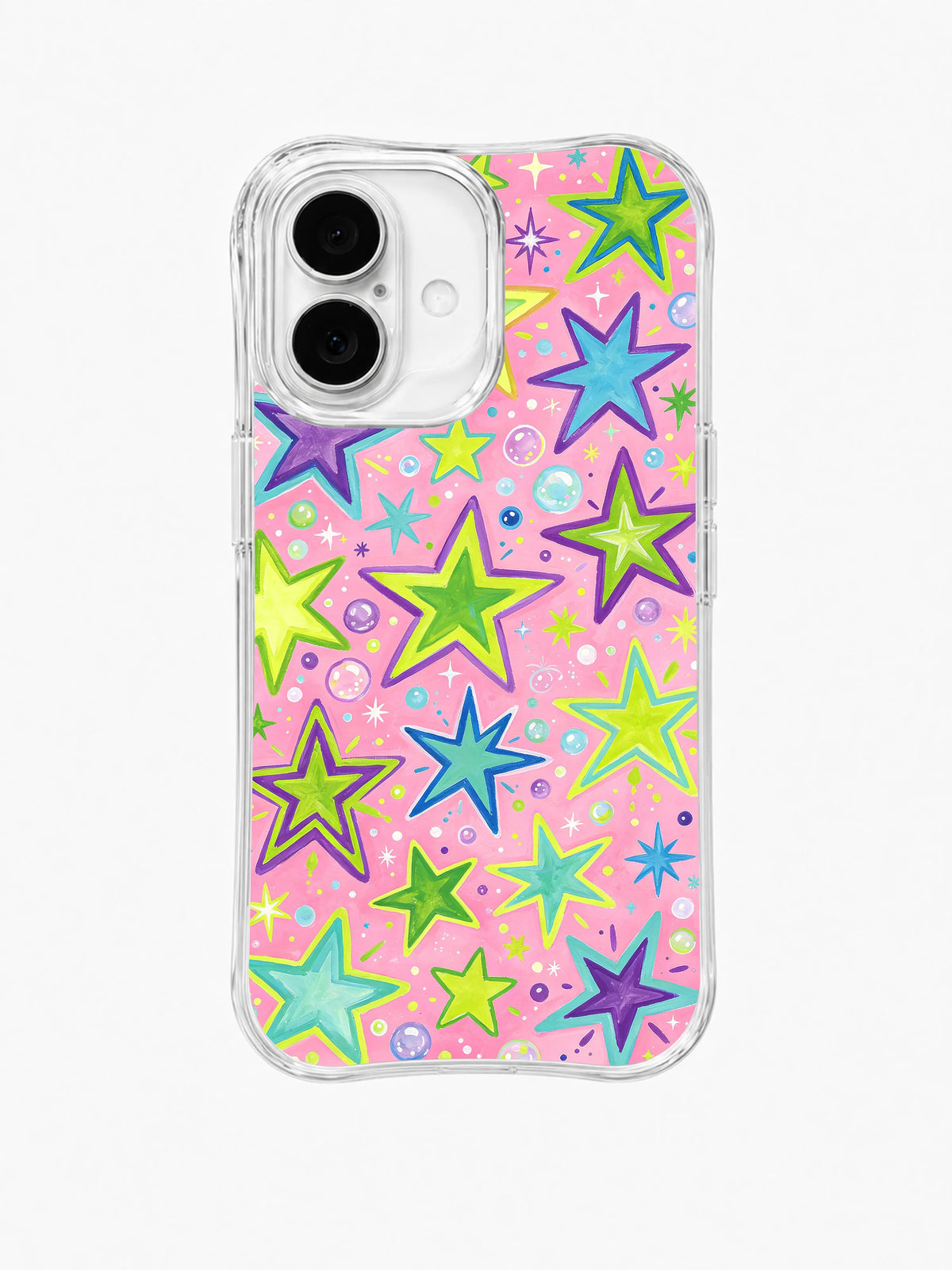 Bubblegum Star Scatter: Outlined neon stars scatter with bubbles and tiny sparkles on pink.