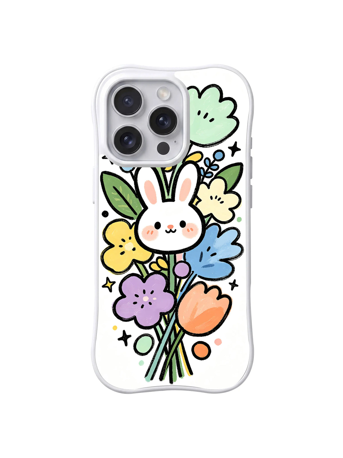 Bunny Bouquet Sparkles: A smiling white rabbit rises from a bouquet of blue, purple, yellow and orange flowers.
