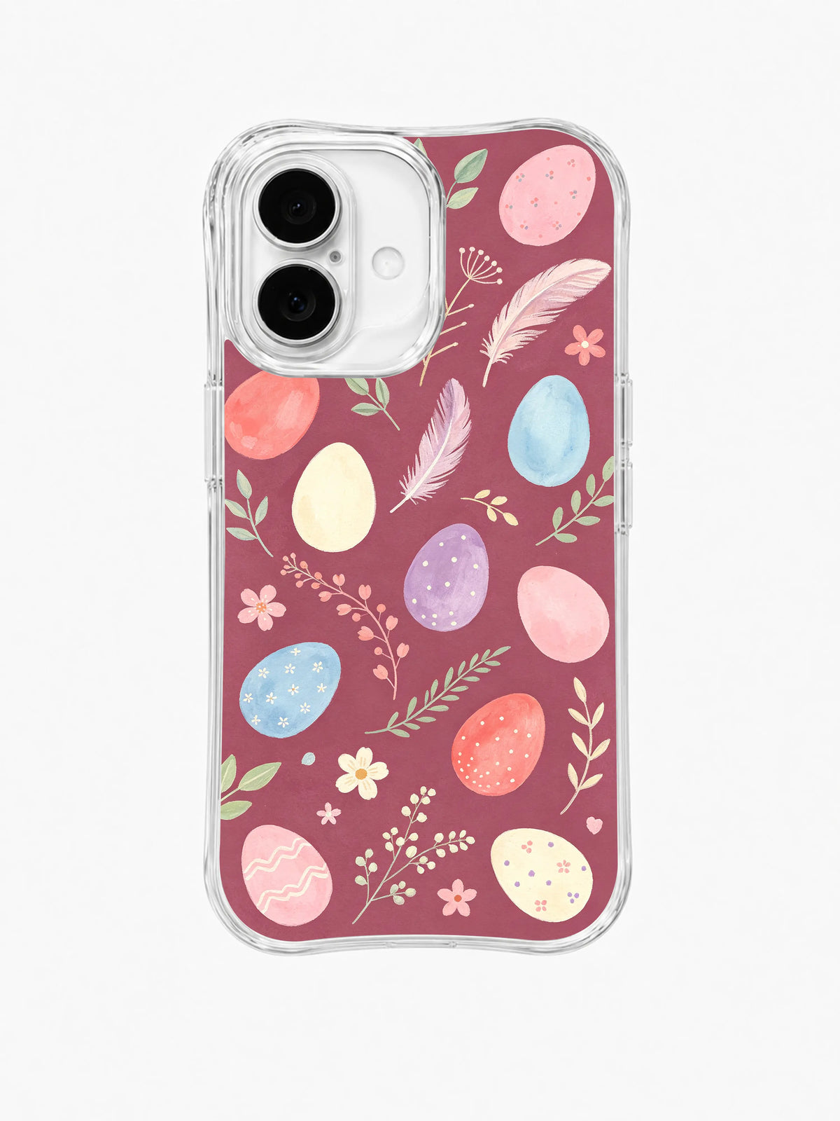 The Bunny Garden Without Bunny / Feather Trail Egg Scatter: Kısa yapraklı dallar ve minik çiçeklerle geniş aralıklı pastel yumurtalar ve uzun açık renkli tüyler.
