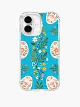 Bunny Garden Without Bunny / Turquoise Botanical Trail: A tall green branching stem with tiny white and yellow flowers, bordered by partly cropped cream floral eggs on turquoise.