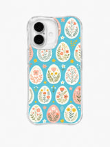 Bunny Garden Without Bunny / Pastel Egg Orchard: Close rows of cream, blush and pale yellow eggs containing upright flower stems, with little blossoms on turquoise.