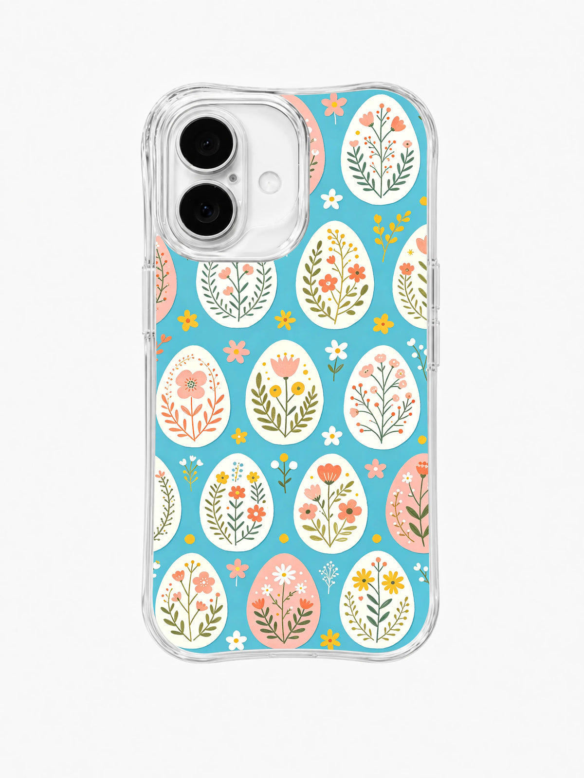 Bunny Garden Without Bunny / Pastel Egg Orchard: Close rows of cream, blush and pale yellow eggs containing upright flower stems, with little blossoms on turquoise.
