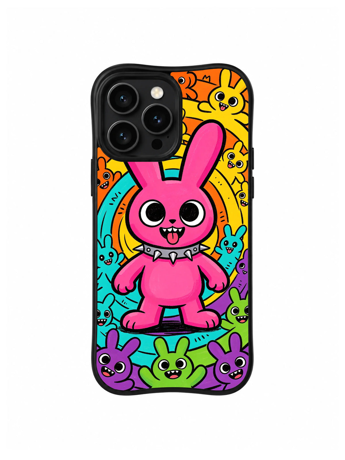 Spiked Collar Pink Bunny: A large pink rabbit in a spiked collar stands among smaller rabbits.