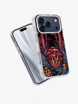 Angled phone view showing the Burgundy Arch Fern Hall artwork on a clear case