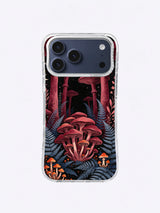 Burgundy Arch Fern Hall artwork with wine-red mushrooms, blue-gray ferns, orange fungi, and pale stars on black