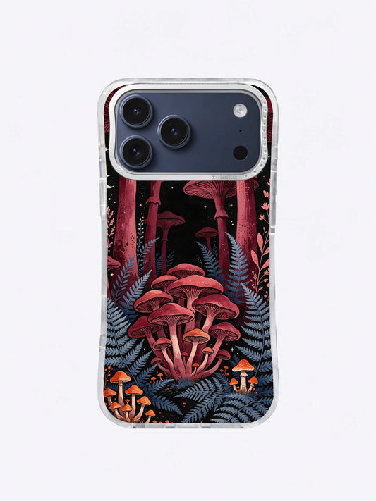 Burgundy Arch Fern Hall artwork with wine-red mushrooms, blue-gray ferns, orange fungi, and pale stars on black