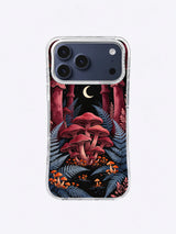 Ivory Crescent Mushroom Nave pattern with burgundy mushroom arches, slate ferns, orange fungi, and a pale moon
