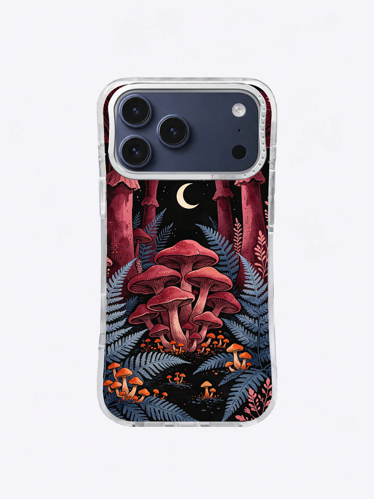 Ivory Crescent Mushroom Nave pattern with burgundy mushroom arches, slate ferns, orange fungi, and a pale moon