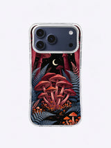 Blue Fern Cap Sanctuary artwork with crimson mushrooms, blue-gray fern layers, orange fungi, and an ivory crescent