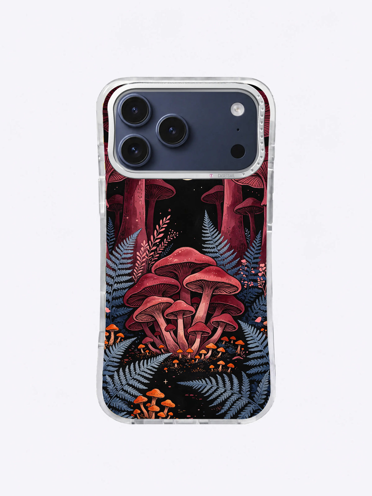 Orange Fungi Night Vault pattern with tall burgundy stems, a central mushroom cluster, slate ferns, and orange fungi