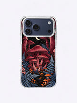 Crimson Gill Moon Passage artwork with textured burgundy caps, blue ferns, orange mushrooms, an ivory moon, and stars