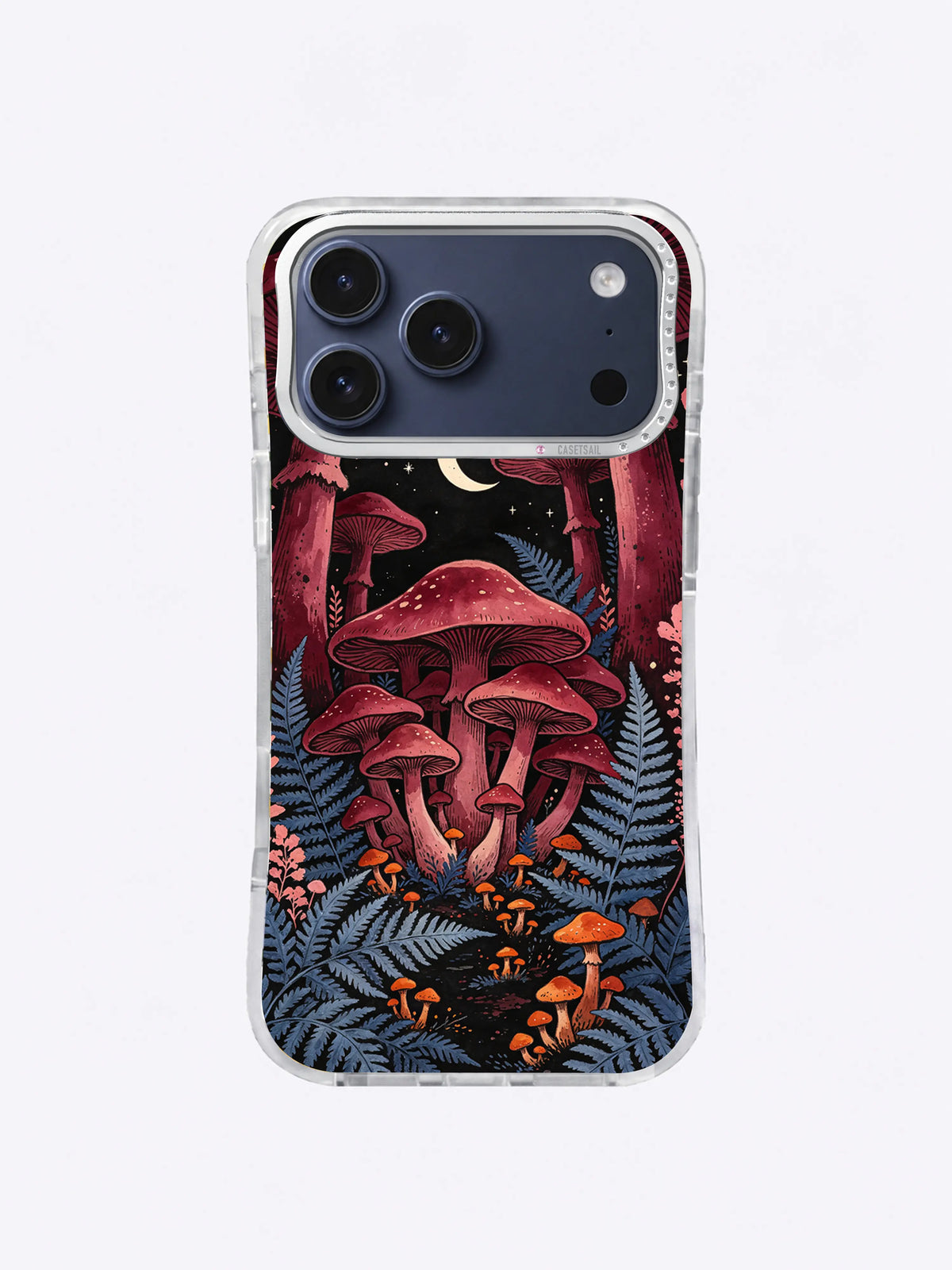 Crimson Gill Moon Passage artwork with textured burgundy caps, blue ferns, orange mushrooms, an ivory moon, and stars