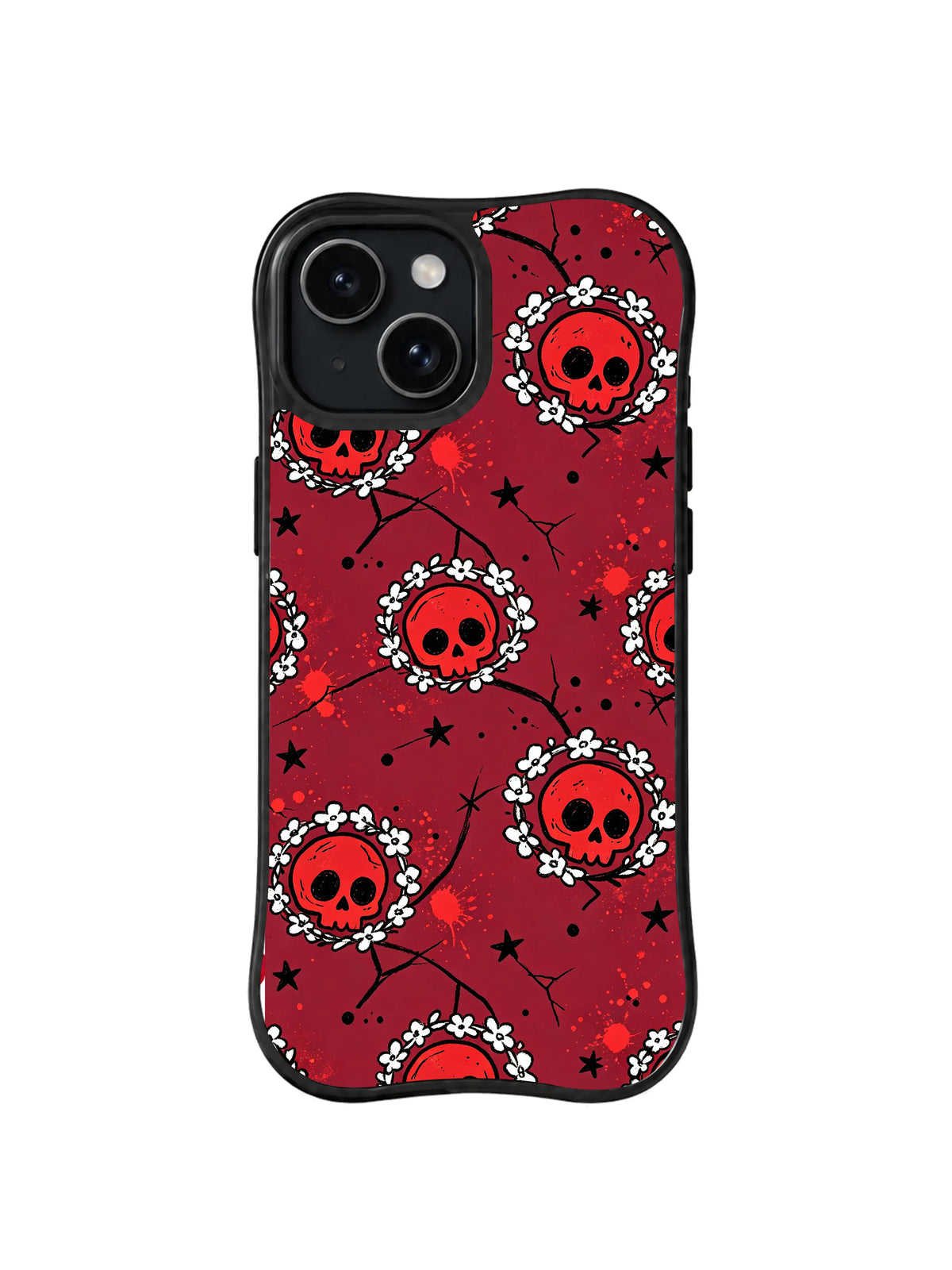 Burgundy Skull Vine: Flower-ringed skulls connect through thin black vines and red leaves.