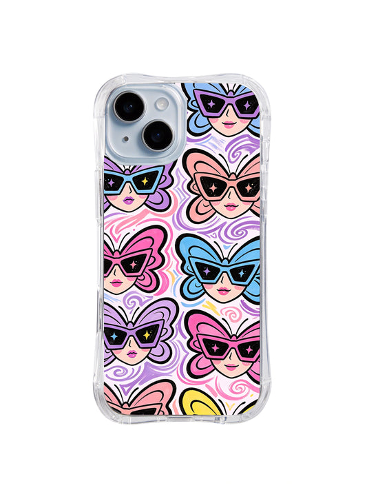 Angular Wing Vision: Butterfly-like faces with angular black sunglasses repeat among pink, purple, blue and yellow wings.