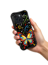 Colorful butterfly art iPhone 15 Pro case held in hand