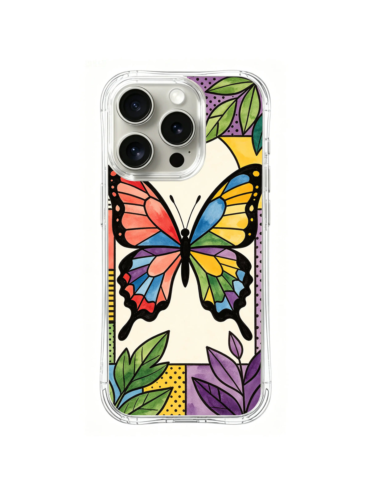 Color Block Monarch: A large multicolor butterfly is framed by green and purple leaves.
