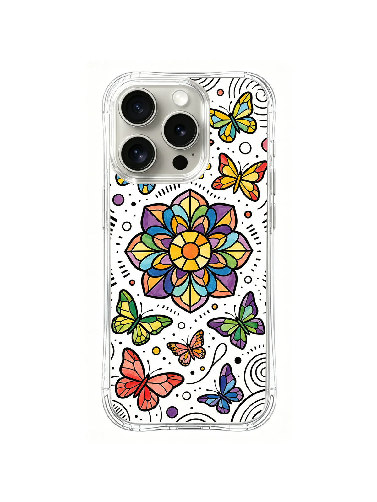 Mandala Butterfly Garden: Small butterflies surround a centered multicolor floral mandala.