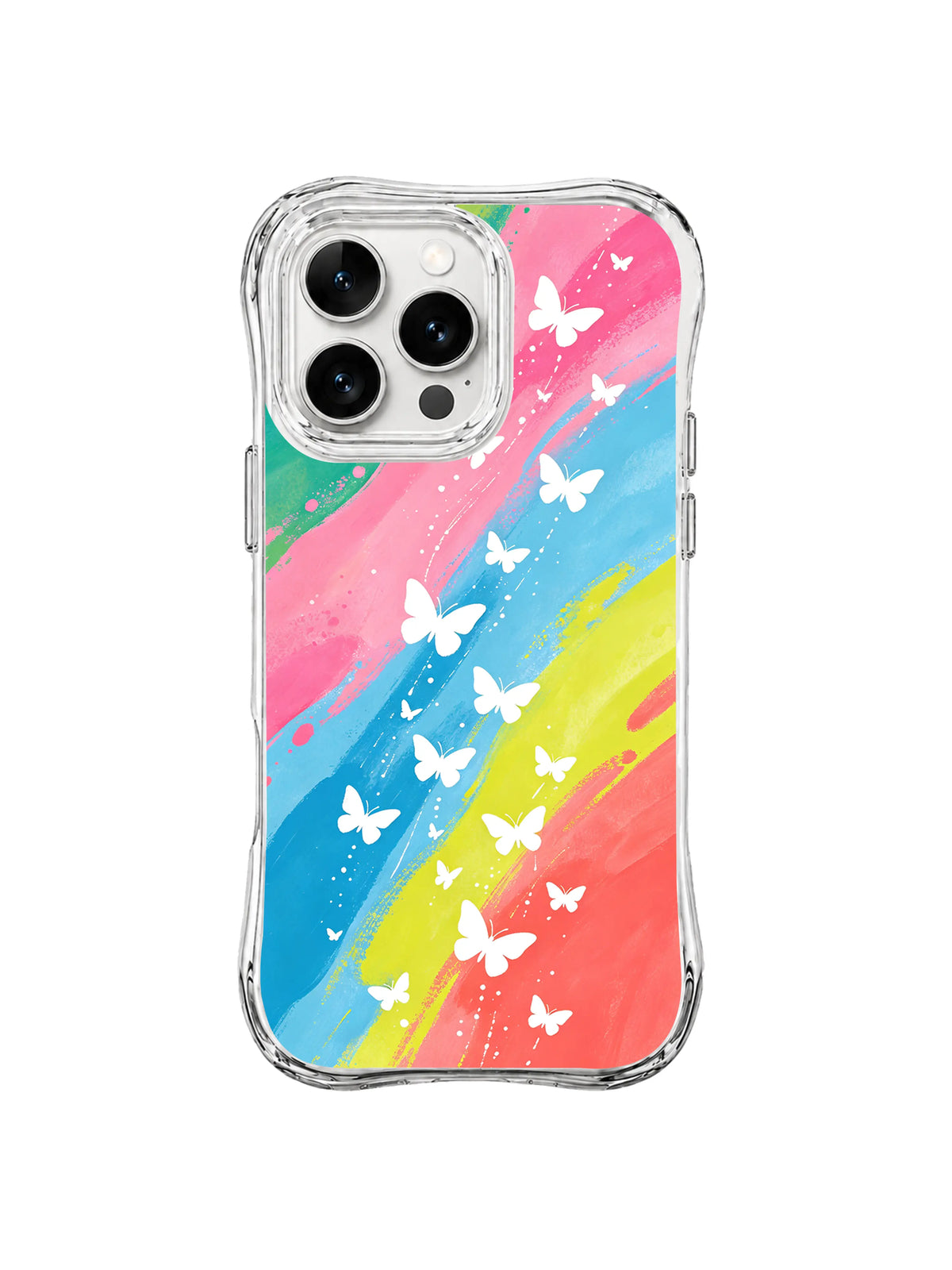 Rainbow Butterfly Crossing: Rows of white butterflies cross diagonal pink, blue, yellow, coral and green bands.