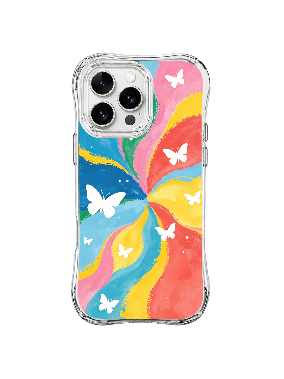 Butterfly Ribbon Flight: White butterflies float over broad blue, pink, yellow, coral and green ribbons.