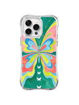 Chromatic Wing Bloom: A large mirrored butterfly shape in green, blue, pink, yellow and coral fills the center.