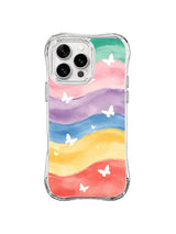 Pastel Butterfly Horizons: White butterflies cross broad mint, pink, lavender, blue, yellow and coral bands.