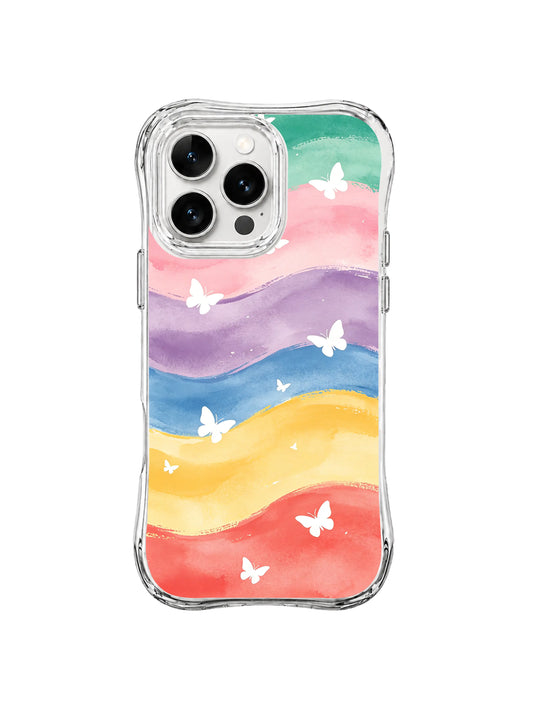 Pastel Butterfly Horizons: White butterflies cross broad mint, pink, lavender, blue, yellow and coral bands.