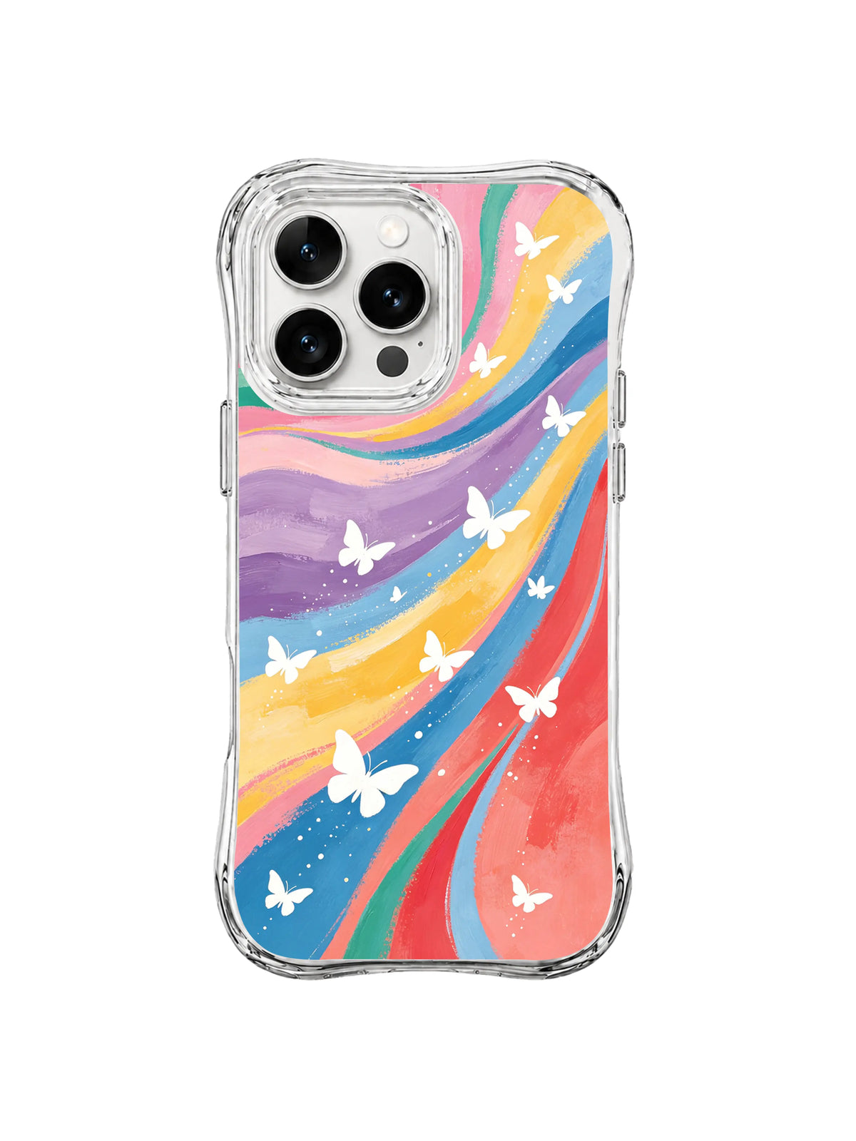 Rainbow Butterfly Flight: Butterflies follow sweeping rainbow paths across purple and blue.