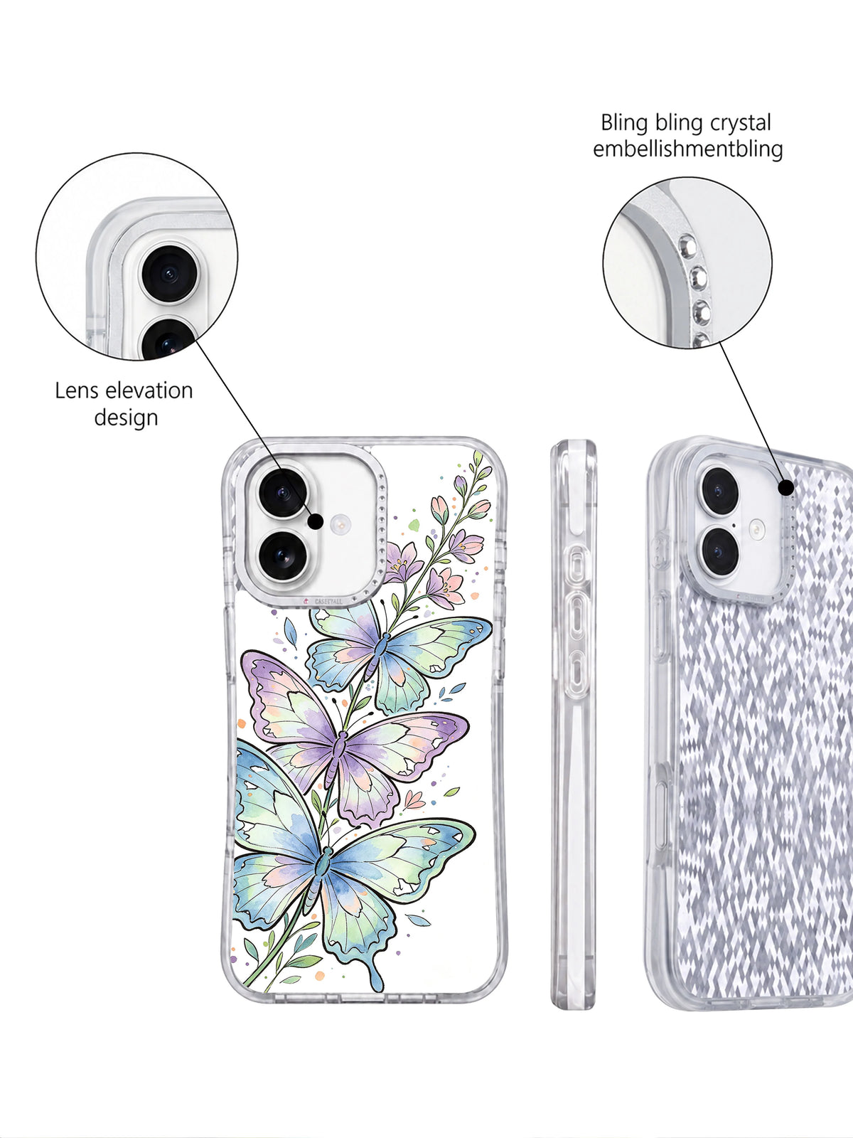 Rhinestone camera frame butterfly iPhone 17 case detail