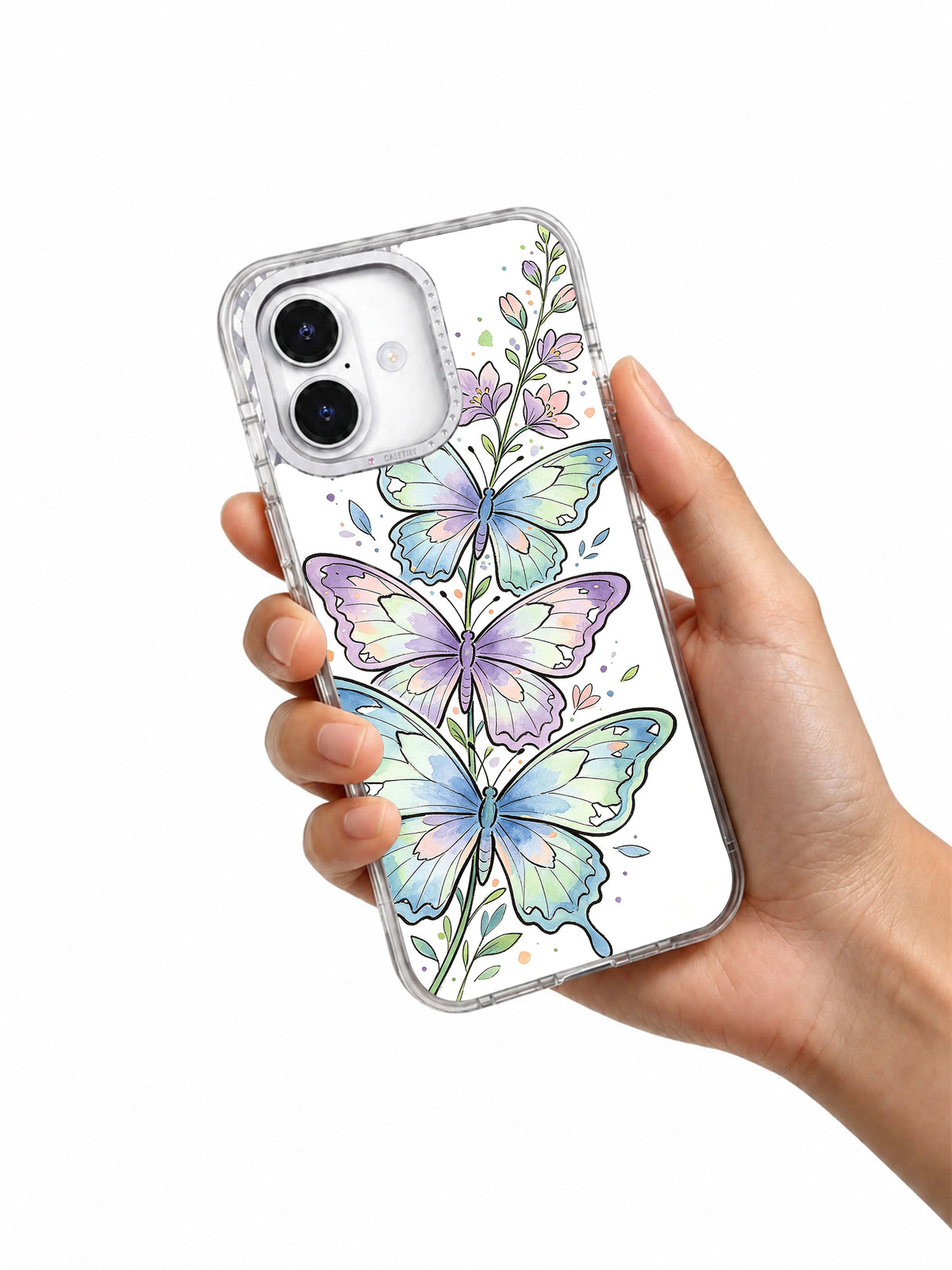 Pastel butterfly art iPhone 17 case held in hand