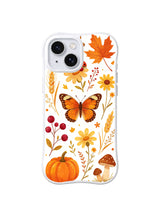 Butterfly Harvest Meadow / Monarch Pumpkin Meadow: One large orange-and-black butterfly between yellow flowers, a pumpkin, red berry stems, wheat and spotted mushrooms.