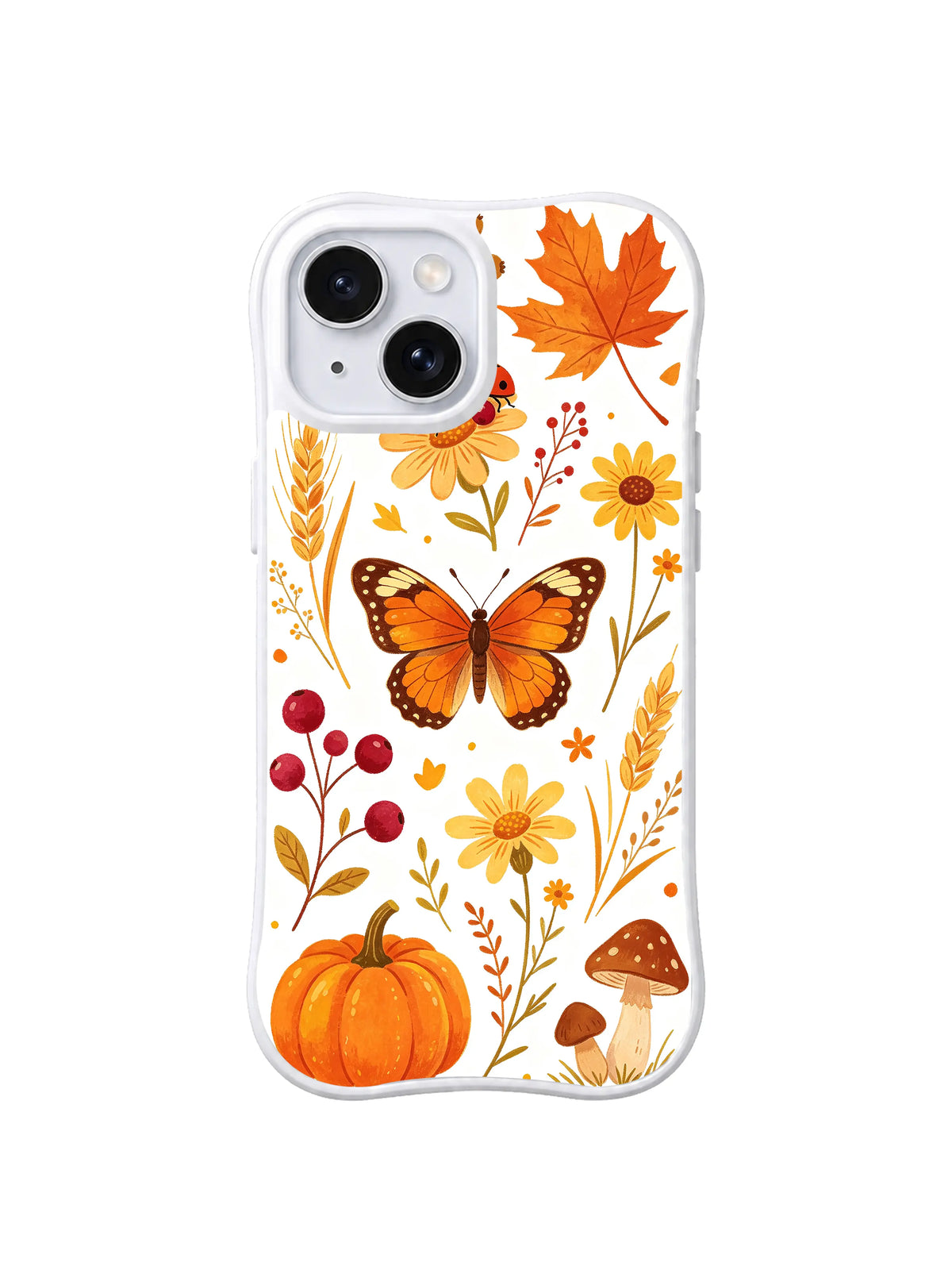 Butterfly Harvest Meadow / Monarch Pumpkin Meadow: One large orange-and-black butterfly between yellow flowers, a pumpkin, red berry stems, wheat and spotted mushrooms.