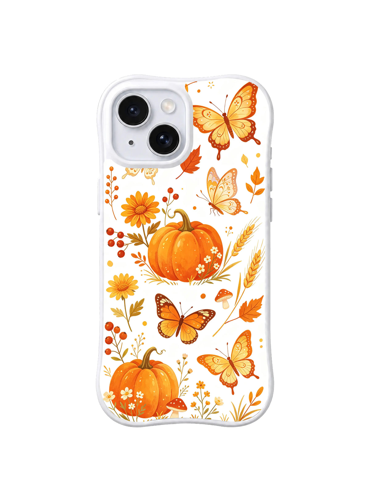 Butterfly Harvest Meadow / Butterfly Pumpkin Waltz: Several orange and cream butterflies flying around large pumpkins, yellow flowers, wheat and fine berry sprigs.