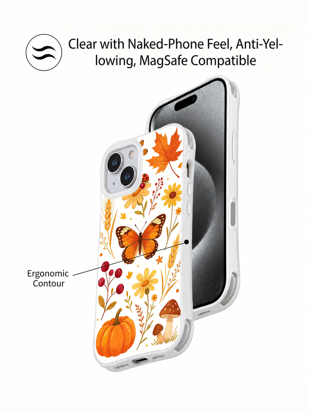 Butterfly Harvest Meadow: Illustrated rear case overlapping a front phone view in a promotional panel.